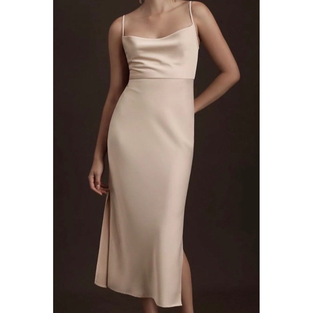 Sachin & Babi Champagne Beige Cowl Neck Midi Slip Dress Side Slit Size 10 Oyster